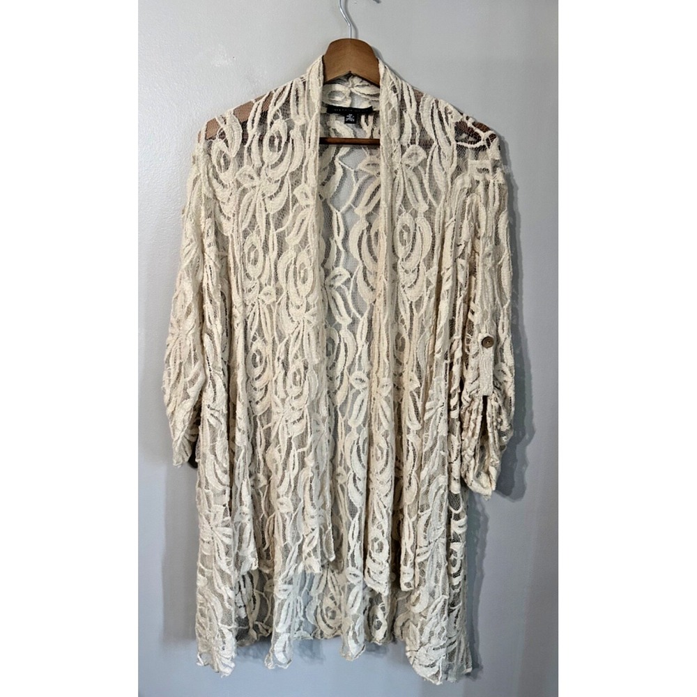 Saks Fifth‎ Avenue Lace Sheer Cream Ivory Kimono Cardigan Cover Up Sz Med